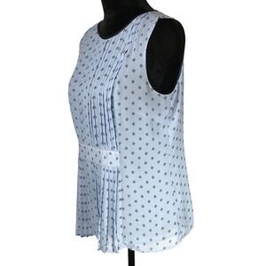 Elle Blue Pleated Sleeveless Top Tuxedo Faux Leather Neck Chiffon Print Shell